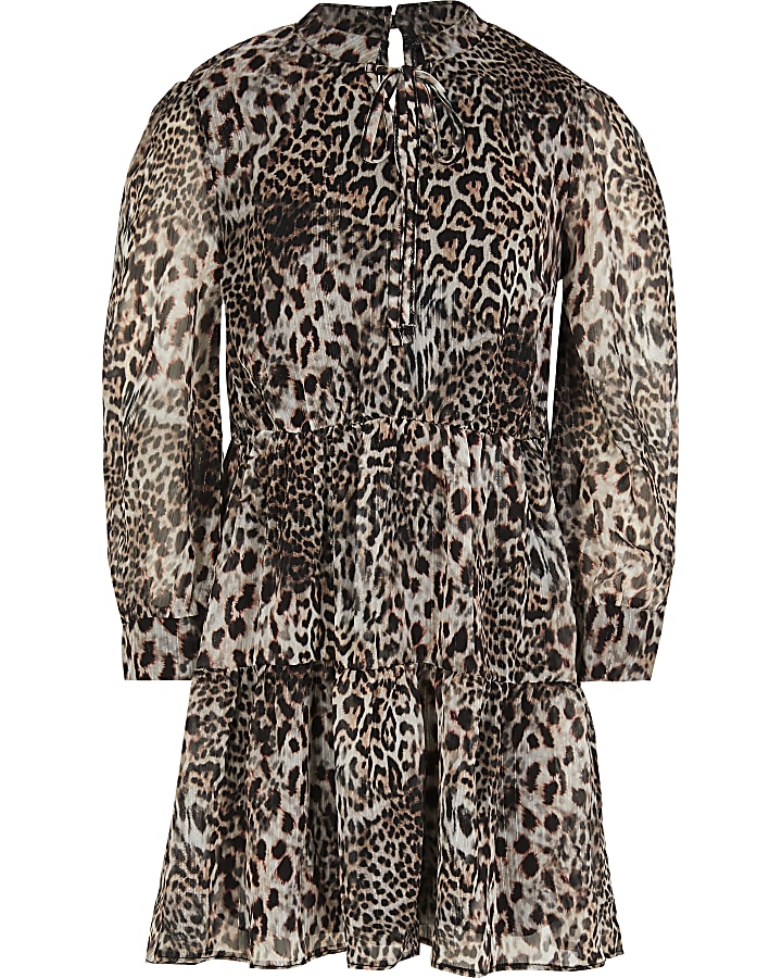 Girls leopard print tiered frill dress