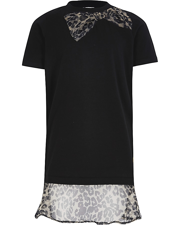 Girls black leopard print organza dress