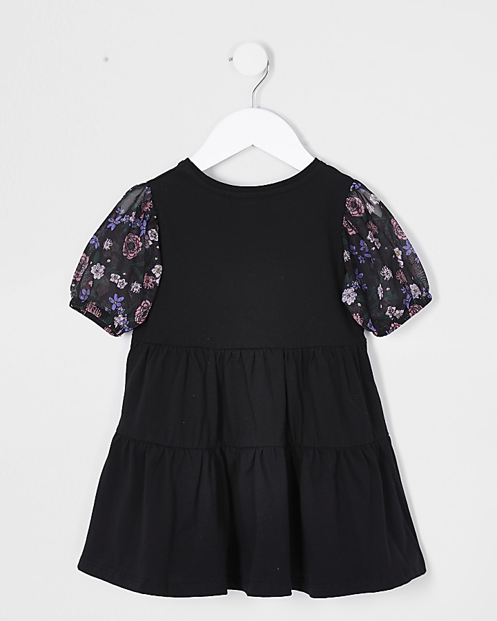 Mini girls black printed mesh frill dress