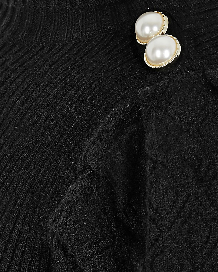 Girls black pearl button roll neck jumper