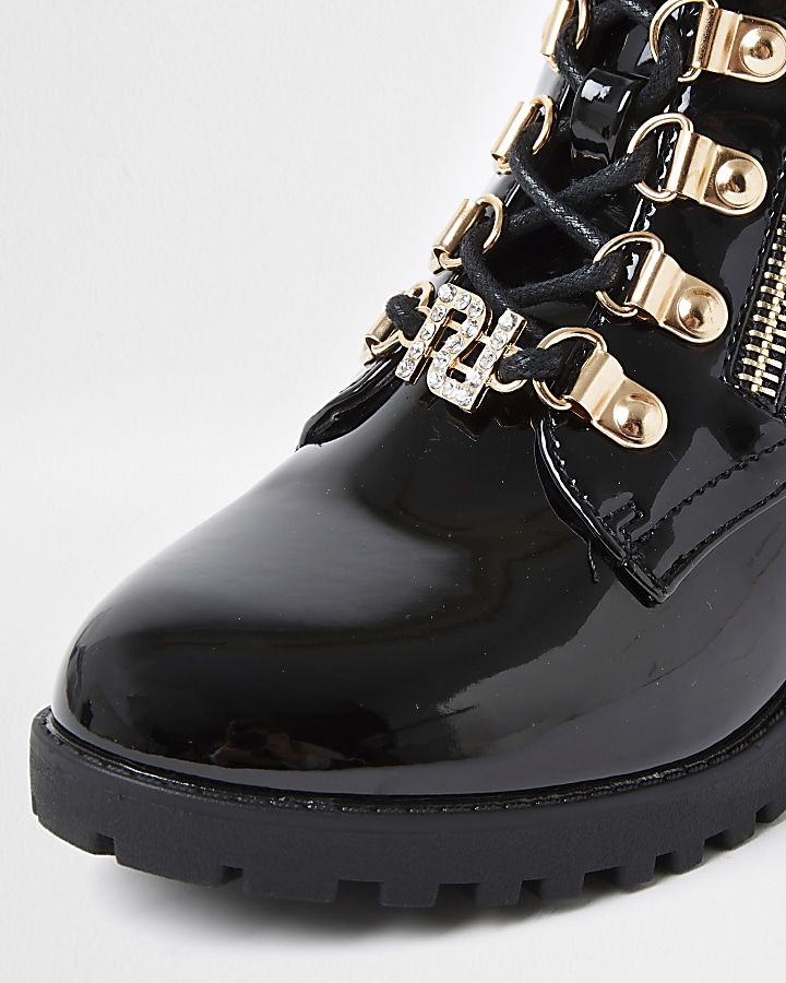 Girls black patent hiker heeled boots