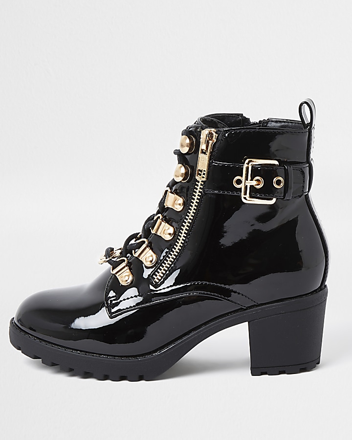 Girls black patent hiker heeled boots