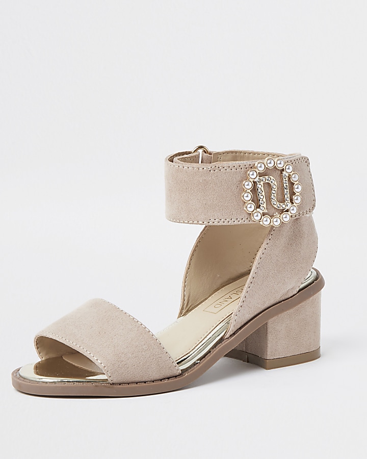 Light pink pearl buckle heeled sandals