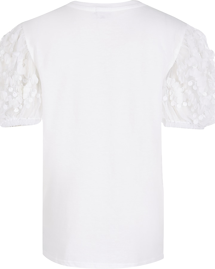 Girls white organza sequin sleeve t-shirt
