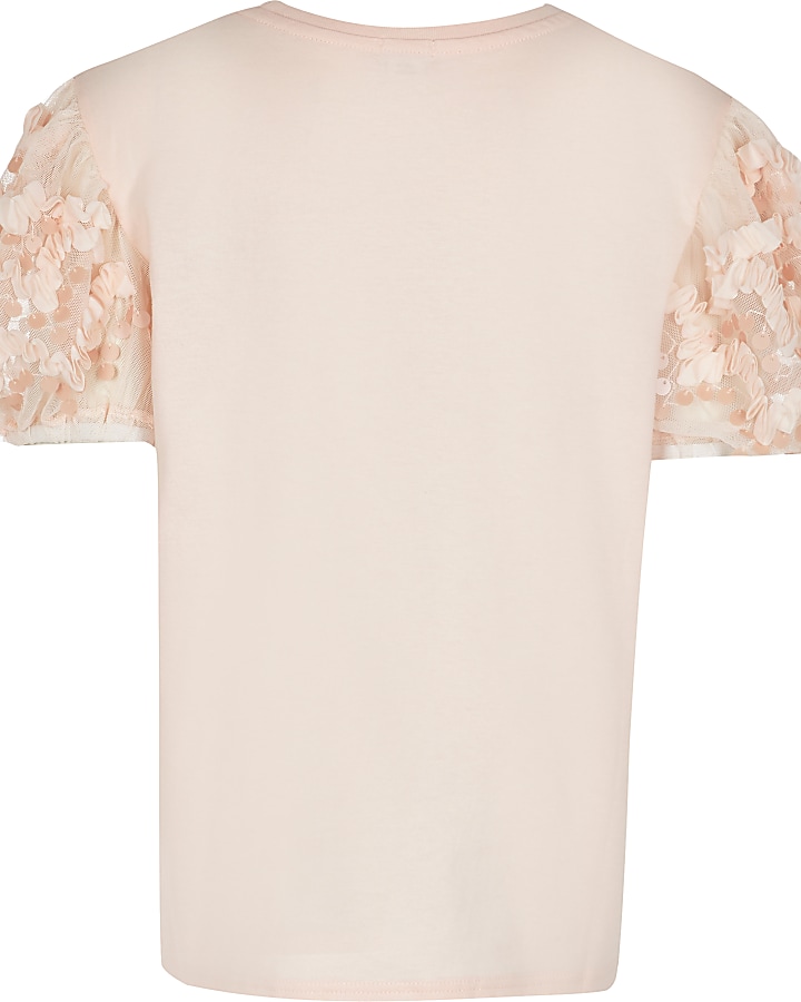 Girls pink organza sequin sleeve t-shirt