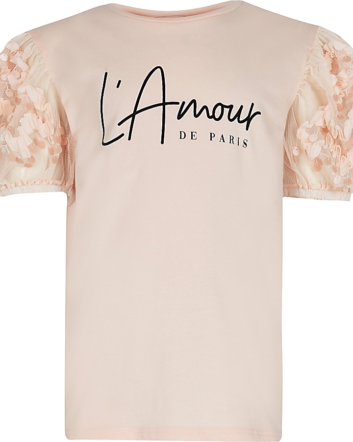 Girls pink organza sequin sleeve t-shirt
