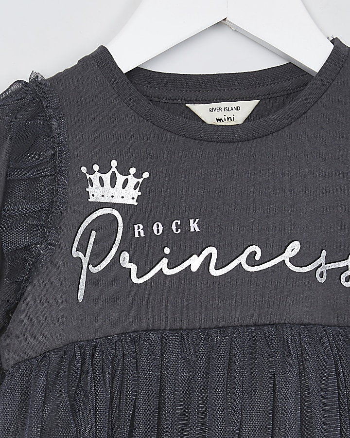 Mini girls grey princess mesh overlay dress