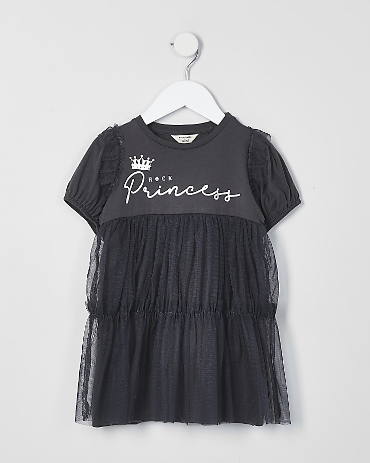 Mini girls grey princess mesh overlay dress