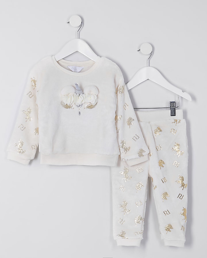 Mini girls cream unicorn cosy pyjama set