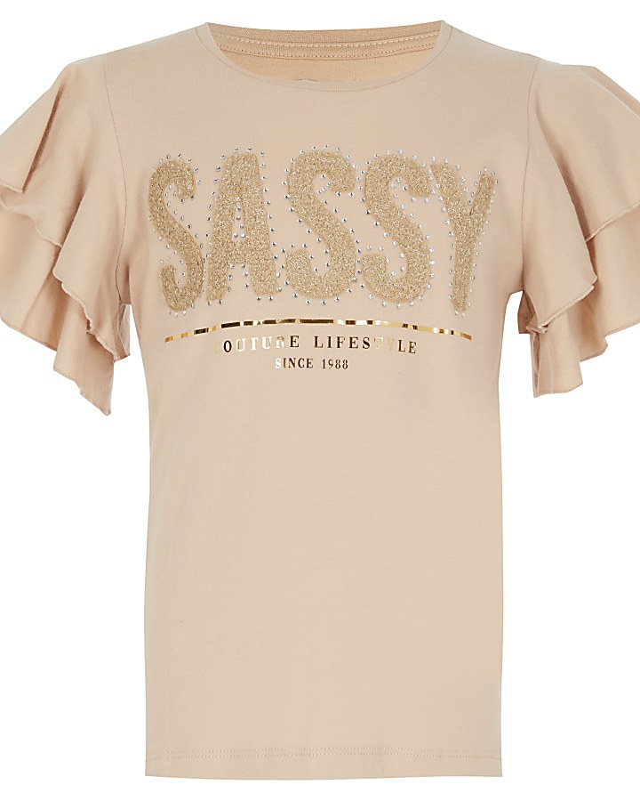 Girls beige 'Sassy' frill sleeve t-shirt