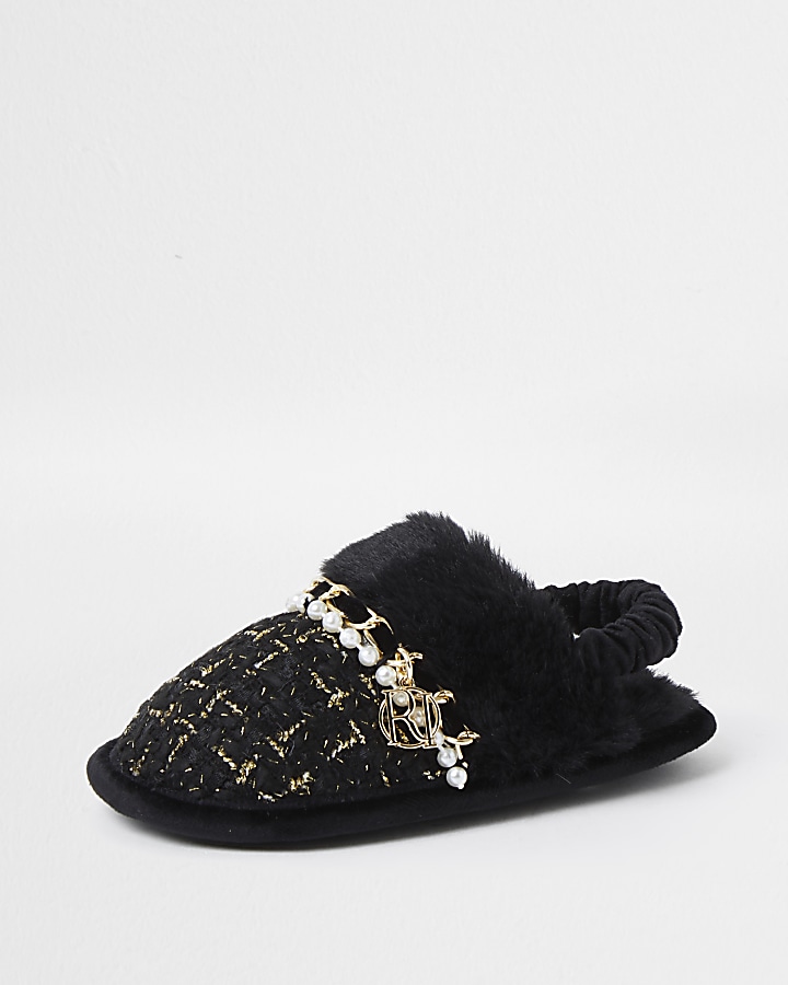 Mini girls black boucle slippers