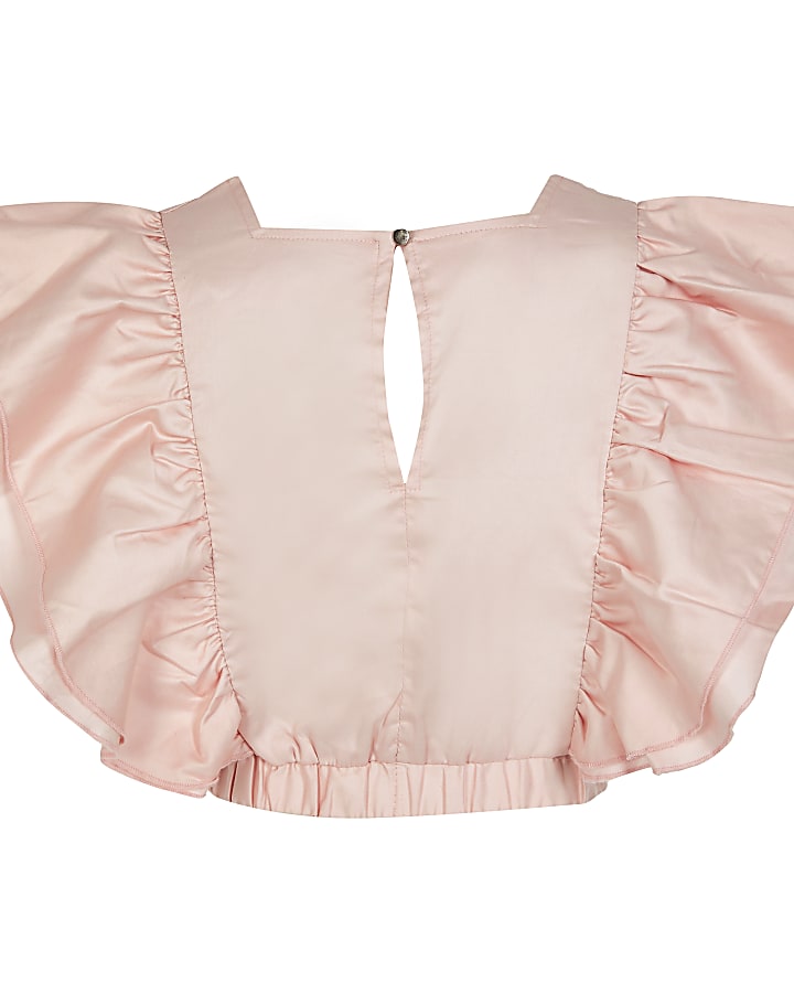 Girls pink ruffle front cropped top