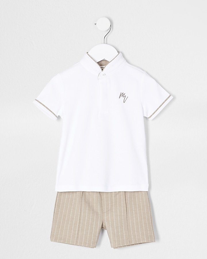 Mini boys white striped polo short outfit