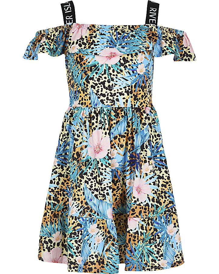Girls brown leopard print bardot dress