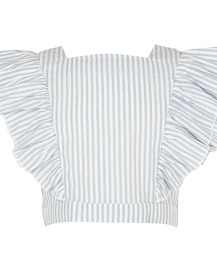Girls blue frill sleeve stripe crop top