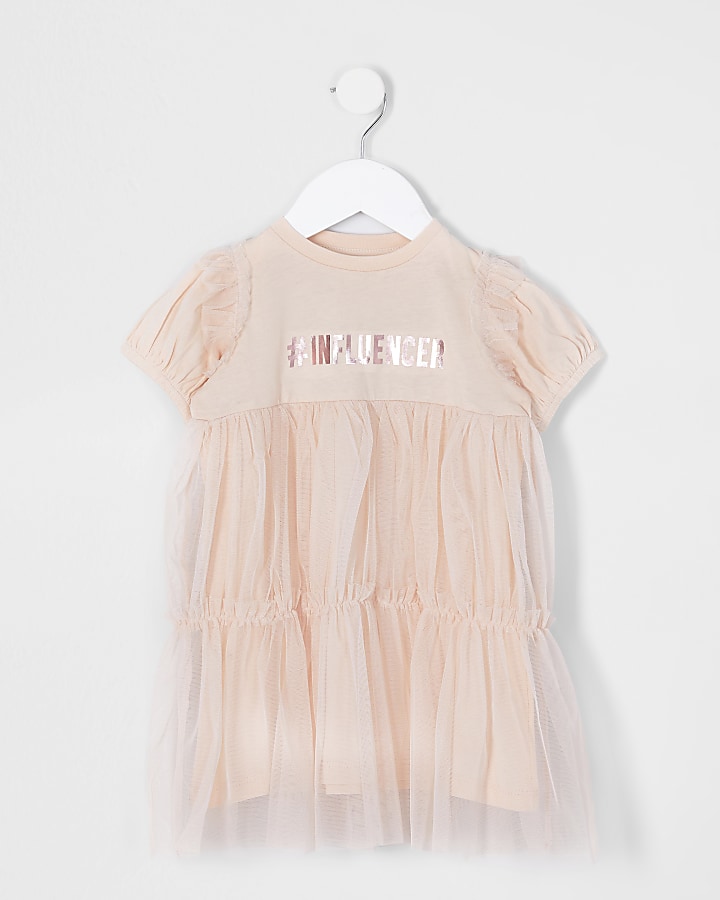 Pink mini girls 'Influencer' print mesh dress