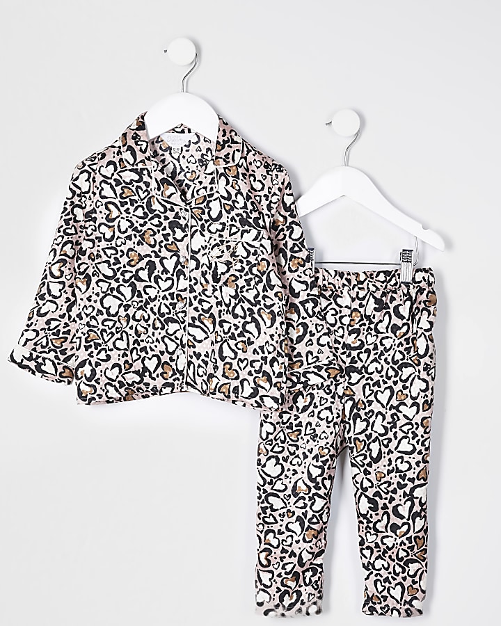 Mini girls brown leopard print satin pyjamas