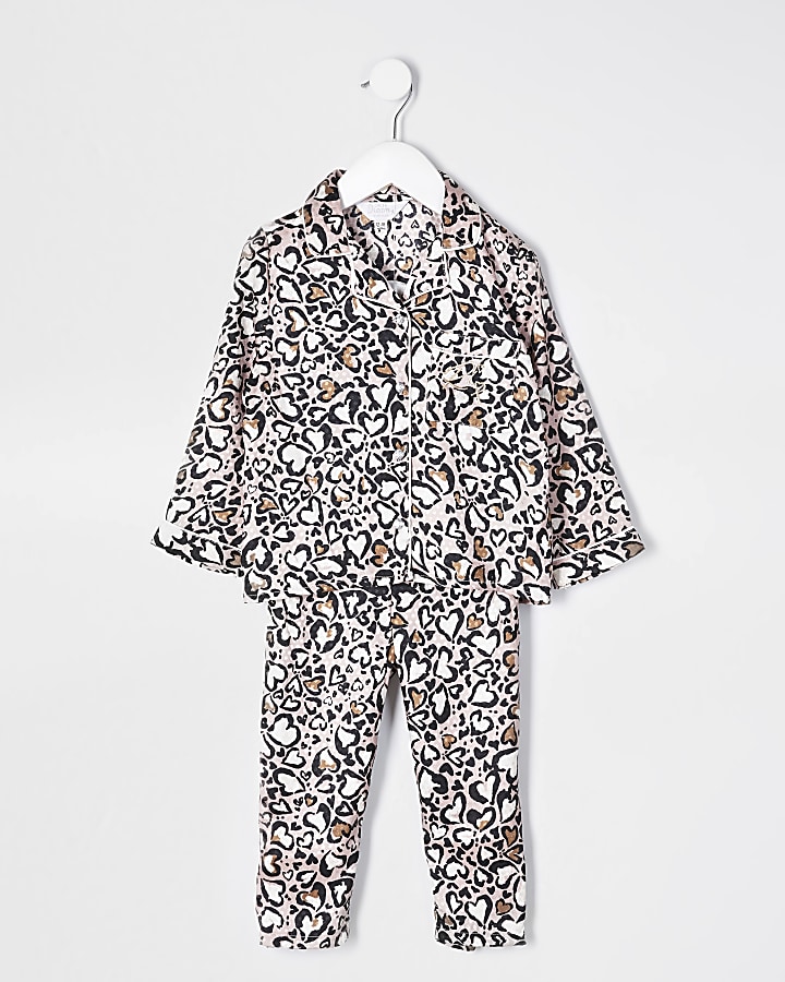 Mini girls brown leopard print satin pyjamas