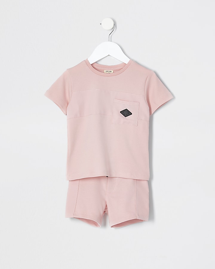 Mini boys pink nylon pocket t-shirt outfit