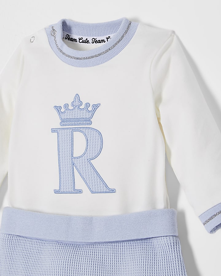 Baby blue 'R' crown embroidered waffle outfit
