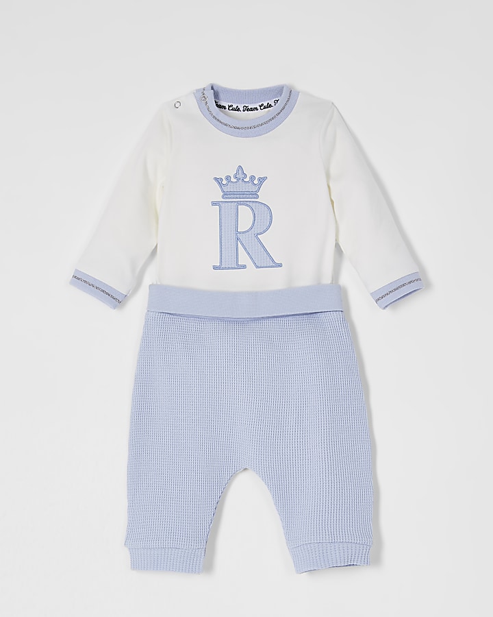 Baby blue 'R' crown embroidered waffle outfit