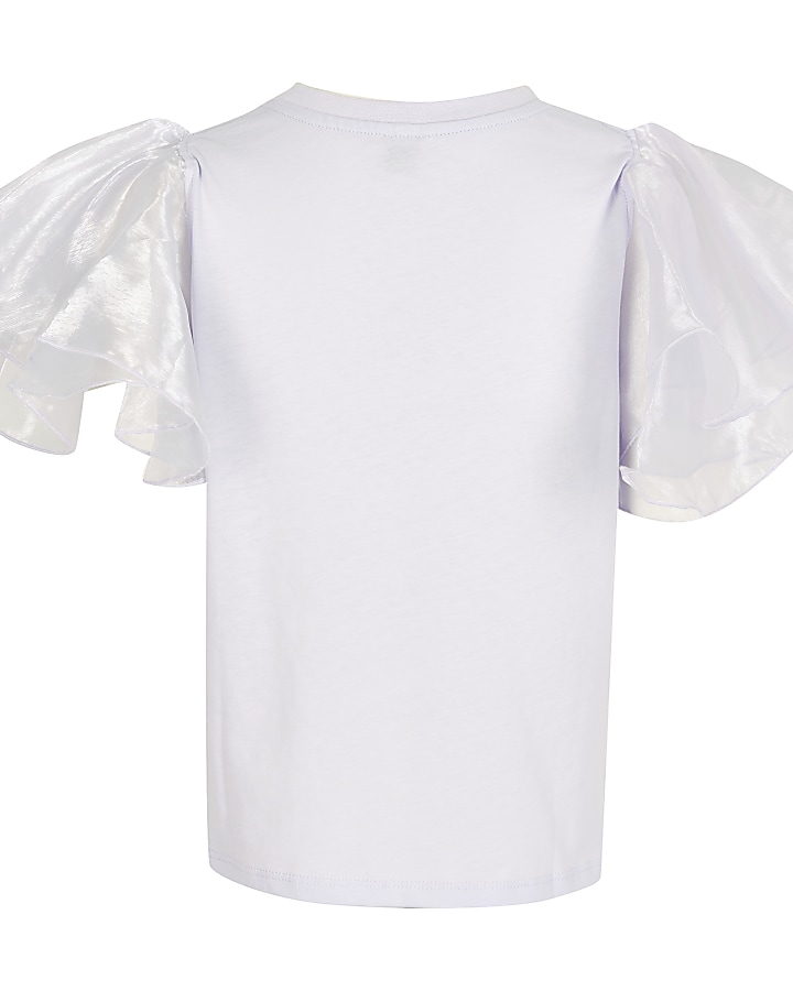 Girls lilac diamante organza sleeve t-shirt