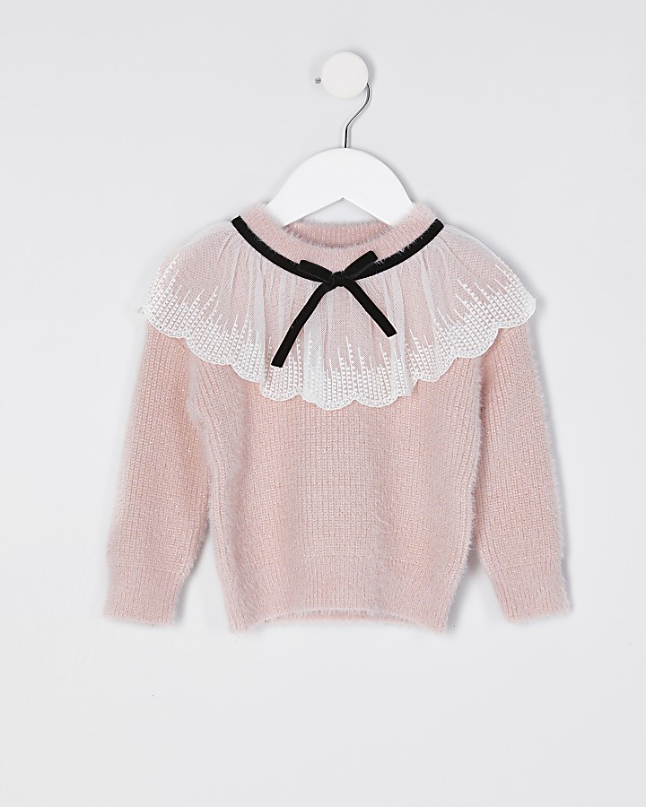 Mini girls pink collar detail jumper