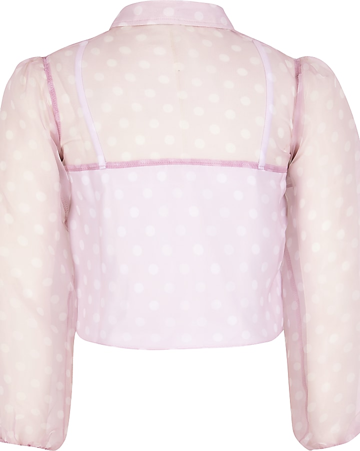 Girls pink polka dot organza tie shirt