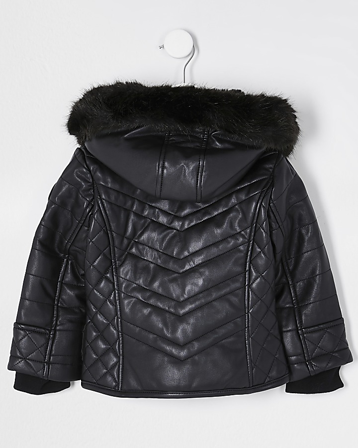 Mini girls black faux leather padded jacket