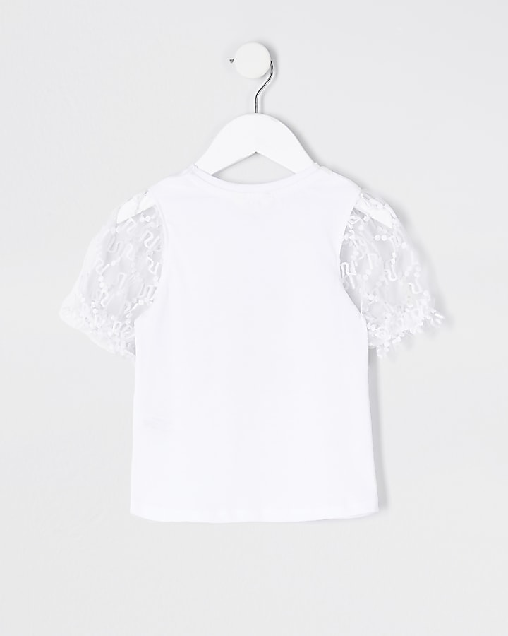 Mini girls white printed puff sleeve t-shirt