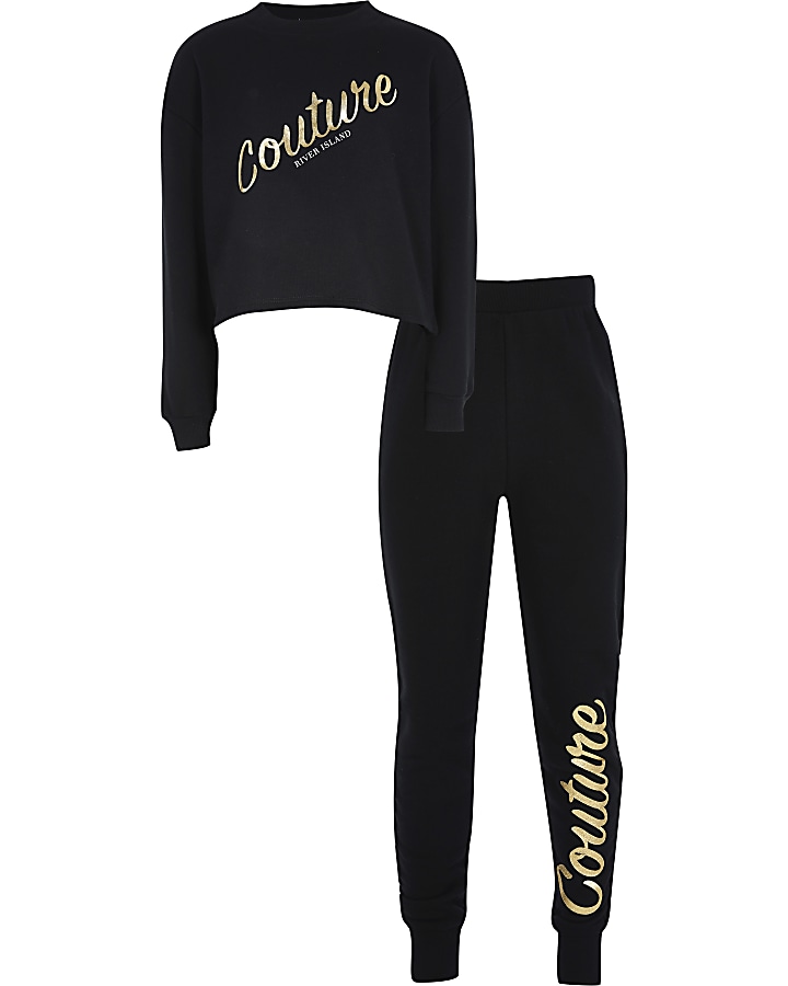 Girls black 'Couture' print sweatshirt outfit