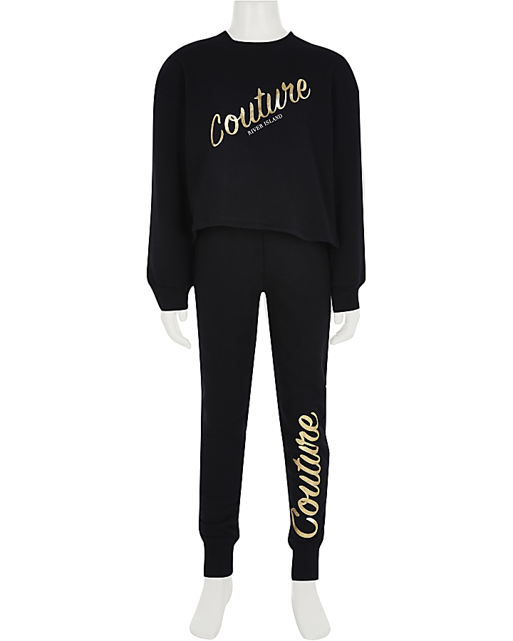 Girls black 'Couture' print sweatshirt outfit