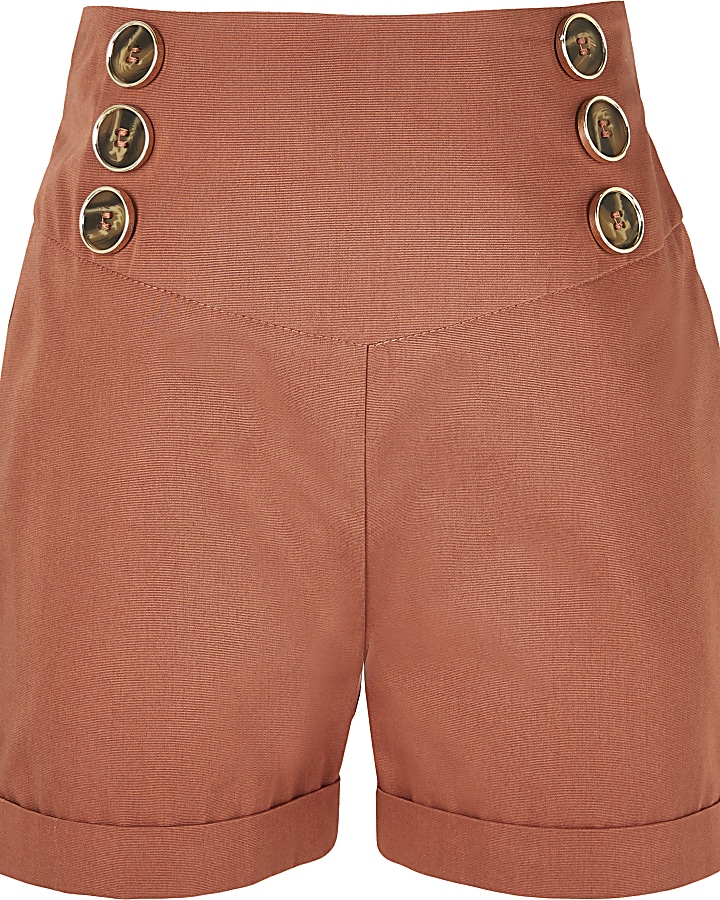Girls rust button front turn up hem shorts