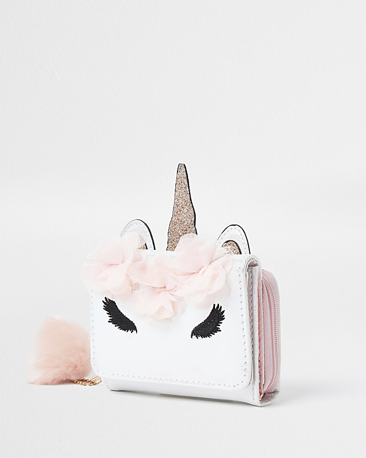 Girls white glam unicorn pom pom purse