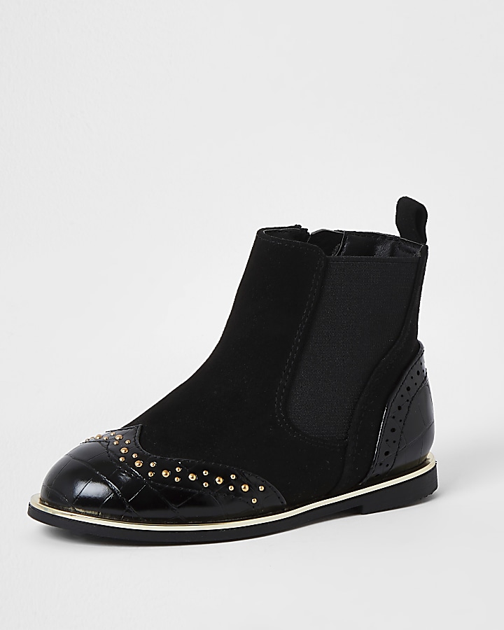 Mini girls black croc stud flat boots