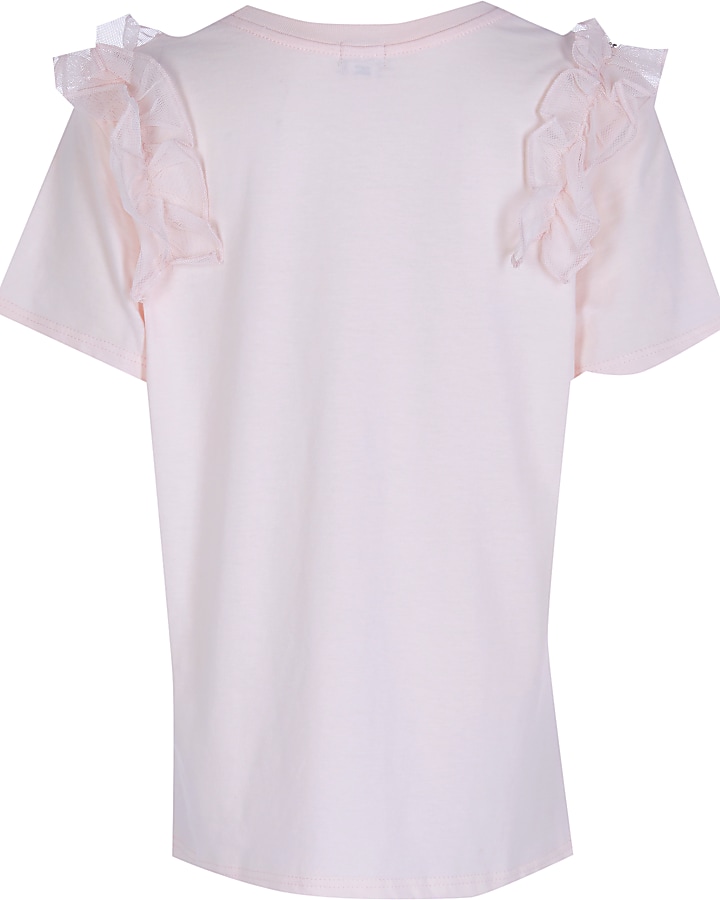Girls pink 'L'amour' mesh frill t-shirt