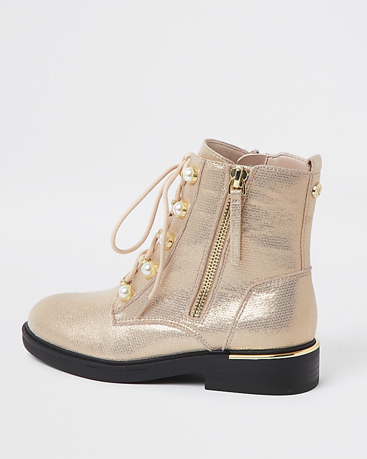 Girls rose gold pearl eyelet ankle boots