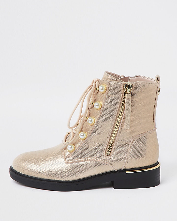 Girls rose gold pearl eyelet ankle boots