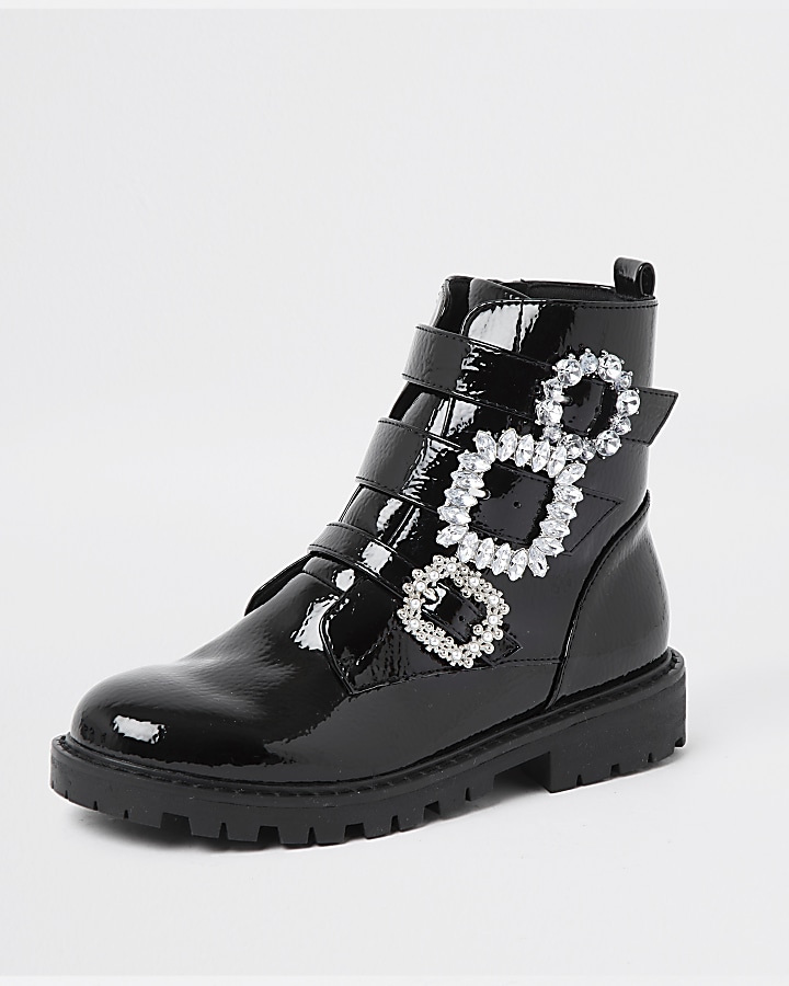 Girls black triple bling buckle ankle boots