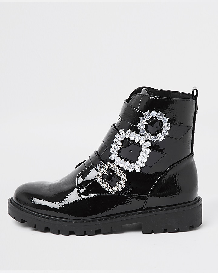 Girls black triple bling buckle ankle boots