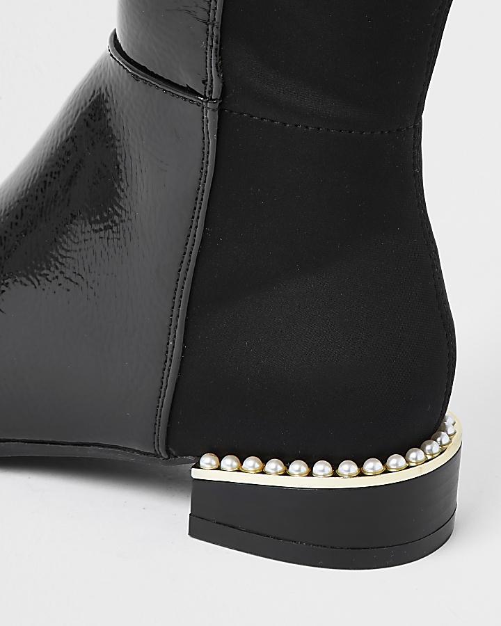 Girls black pearl heel knee high boots