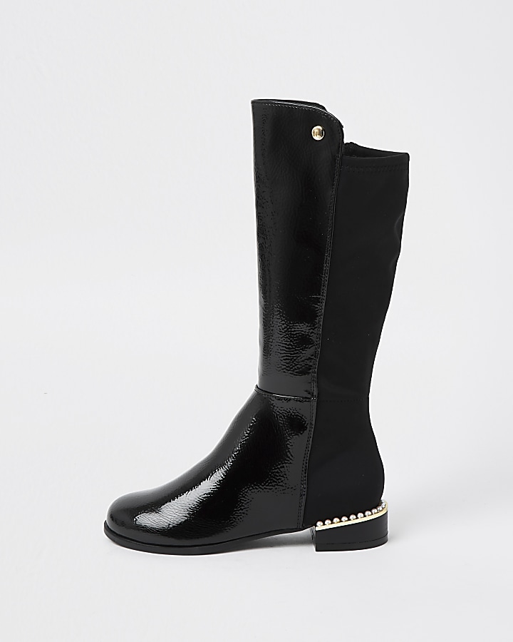 Girls black pearl heel knee high boots