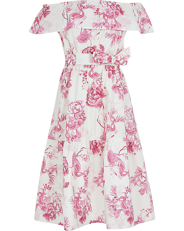 Girls pink floral print bardot midi dress