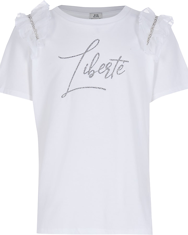 Girls pink 'Liberte' mesh frill t-shirt