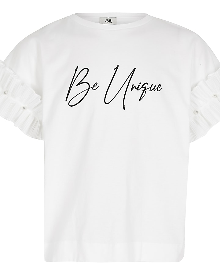 Girls white 'Be unique' ruffle sleeve T-shirt