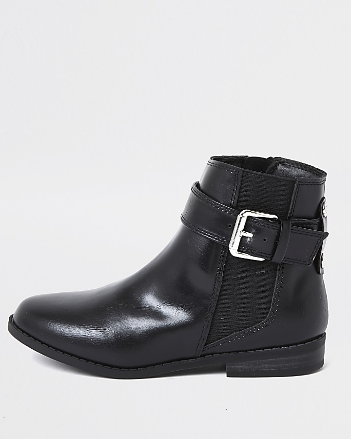 Girls black buckle flat ankle boots