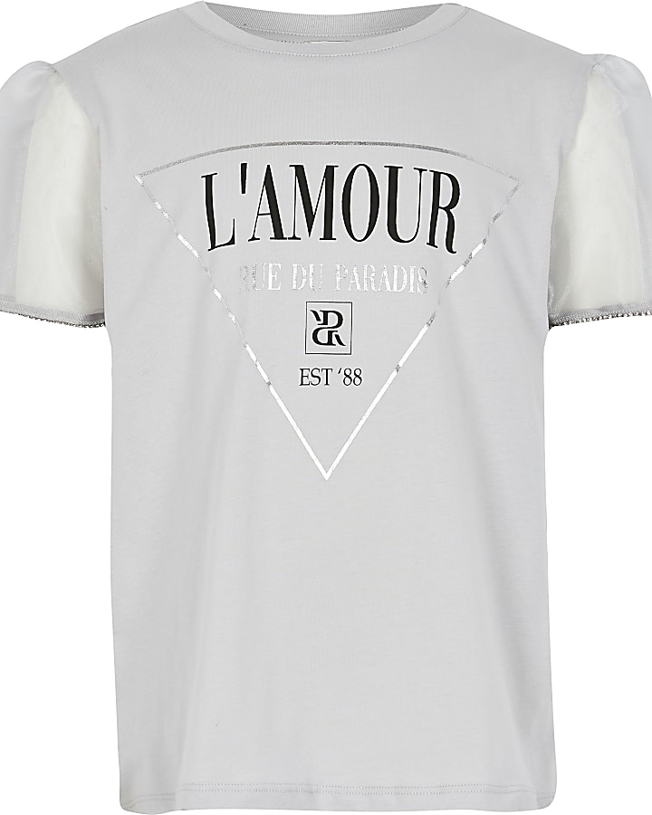 Girls grey 'LAmour' Organza T-shirt