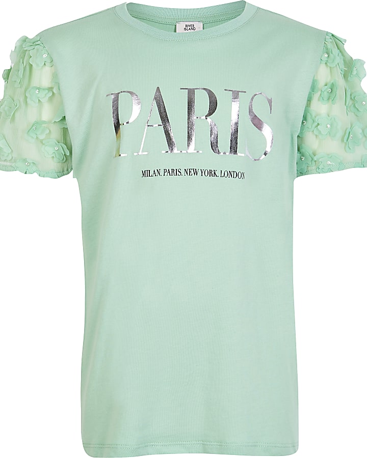 Girls green 'Paris' flower applique T-shirt