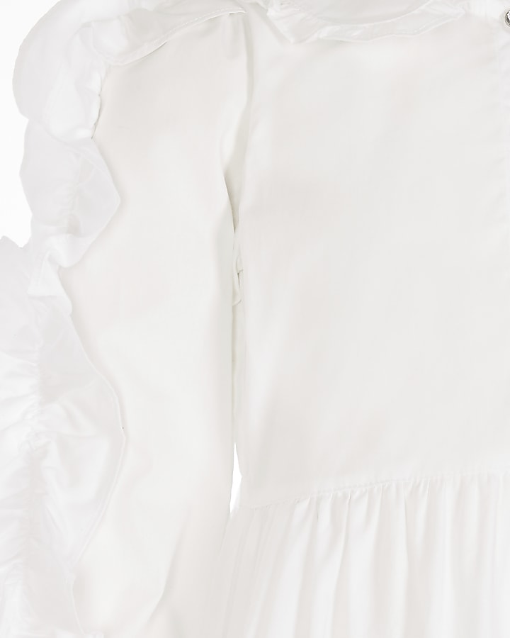 Girls white ruffle smock shirt dress