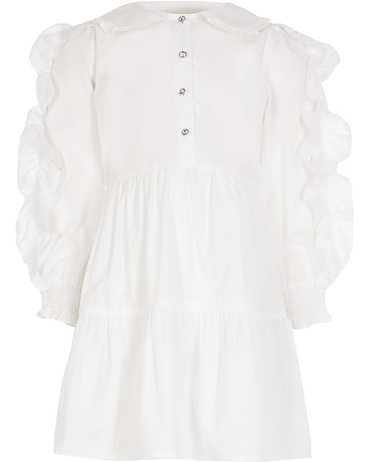 Girls white ruffle smock shirt dress